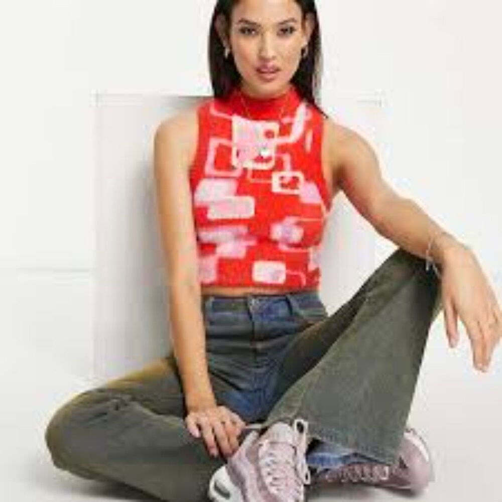 Vintage Supply Retro Y2k Fluffy Sleeveless Knit Vest Pullover US10/UK14 Pink Red